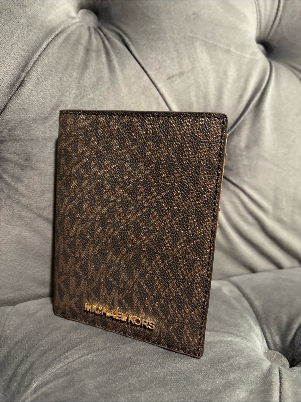 Michael Kors Brown Signature Monogram Passport Cover with Gold Logo
